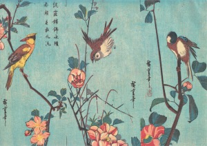 Utagawa Hiroshige; Birds, Camelias, Wild Roses and Cherry Blossoms , c. 1833