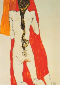 Schiele Egon; nude from the back with long hair braid , 1913