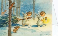 Kinder mit ihren Tieren vor dem Christkind in der Krippe Kager Postkarte v 