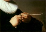 Rembrandt Harmensz. van Rijn; Portrait of a Man Cutting a Quill (Detail) , 1632